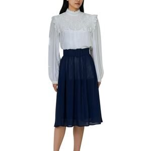 Vintage 80s White Blue Sheer Belted Dress Womens Sz Small Lace Collar Coquette